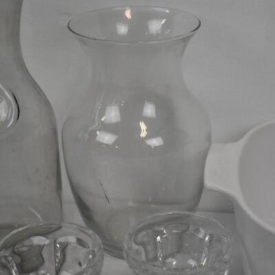 Kitchen Lot: Milk Glass, Vase, Mug, 2 Oven Pans, 8 Small Dishes