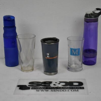 5pc Kitchen: Waterbottles, Plastic Cups - Used, good condition