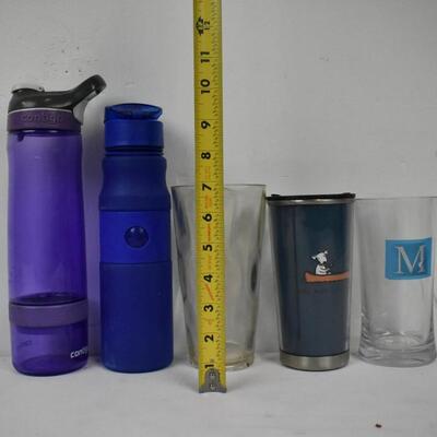5pc Kitchen: Waterbottles, Plastic Cups - Used, good condition