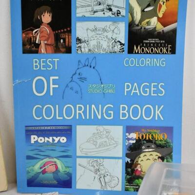Art Lot: Pen Case, Coloring Books, Animal Guide, Color Paper - Some pages filled