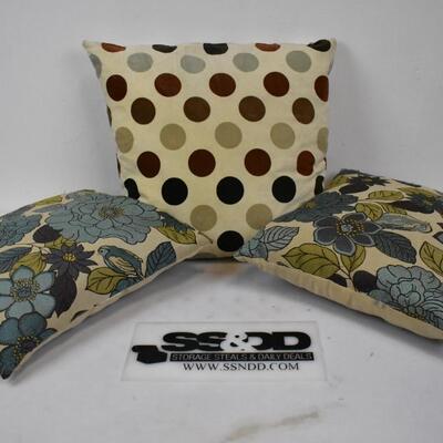 3 Decorative Pillows: 2x Blue Floral, Tan w Neutral Dots - Used, great condition