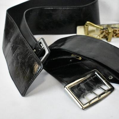 5pc Belts: Leopard Print, Red, Faux Leather, 2 Wide Black - Used, some wear