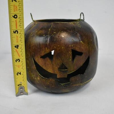 3 pc Halloween Decor: Metal Circle Pumpkins, Metal Pumpkin, Ty Cat & Pumpkin