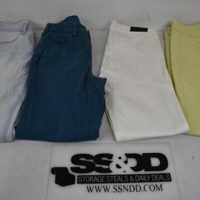 Women's Jeans: Lt Blue sz 3, Teal sz 4, DSTLD White 28, AE Yellow/Green 8,