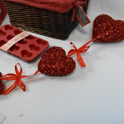 Valentine's Lot: Ice Cube Tray, Heart Decor, Mailbox, Basket - Used, torn handle