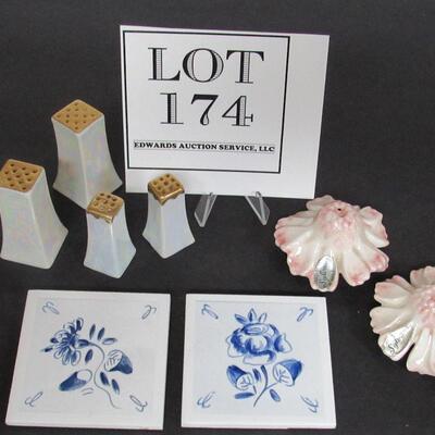 Vintage Salt and Pepers Lusterware, Sylvan of Cal Flowers, and Two Small Kitchen Tiles