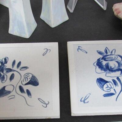 Vintage Salt and Pepers Lusterware, Sylvan of Cal Flowers, and Two Small Kitchen Tiles