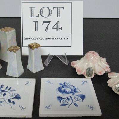 Vintage Salt and Pepers Lusterware, Sylvan of Cal Flowers, and Two Small Kitchen Tiles