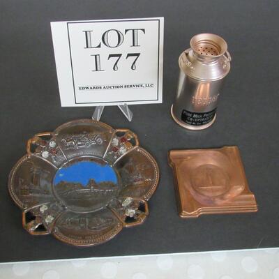 Vintage Copper Lot, World's Fair Ashtray, Mackanaw Island Area Ashtray, Pepper Milk Can Shaker