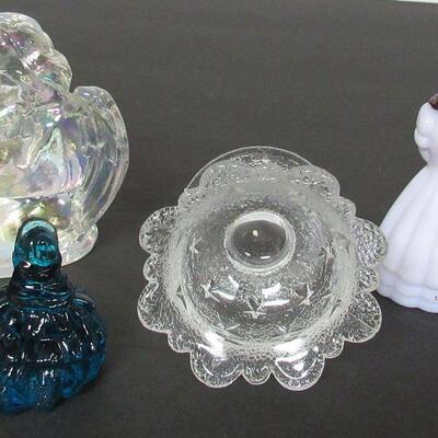 Boyd and Mosser Glass Boyd Hand Painted Lady, Iridescent Angel and Small Lady, Mosser Master Salt