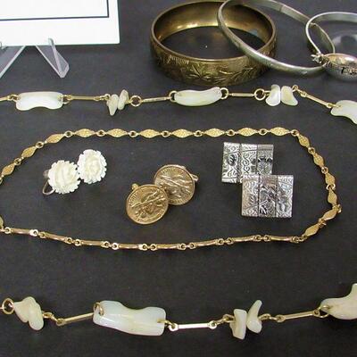 Lot of Costume Jewelry Brass Bangle, Shell Necklace, Goldtown Necklace, More