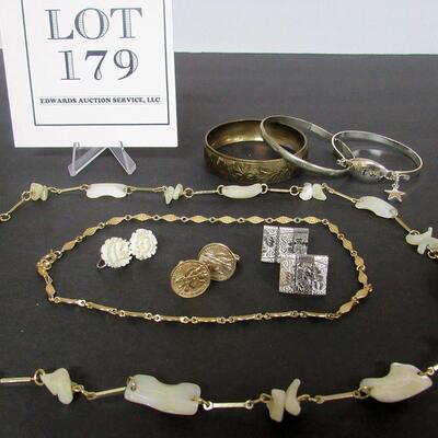 Lot of Costume Jewelry Brass Bangle, Shell Necklace, Goldtown Necklace, More