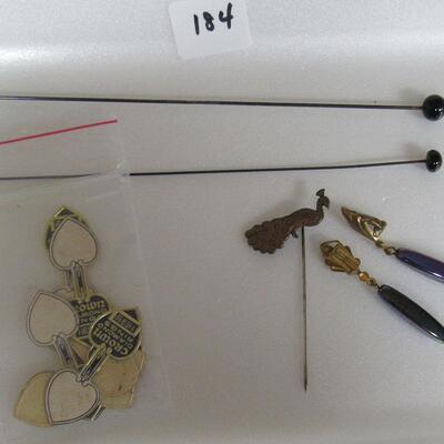 2 Old Black Glass Hatpins, 1 Peacock Stick Pin, Pair Irridescent Earrings,  and Old Jewelry Tags for Crown Diamond Rings