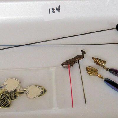 2 Old Black Glass Hatpins, 1 Peacock Stick Pin, Pair Irridescent Earrings,  and Old Jewelry Tags for Crown Diamond Rings