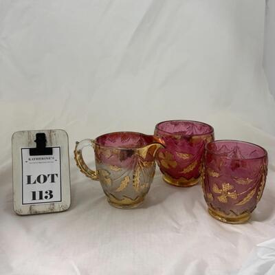 [113] ANTIQUE | Delaware Glass | Cranberry | Raised Flower 