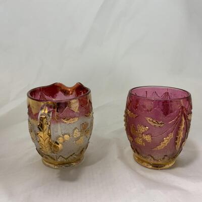 [113] ANTIQUE | Delaware Glass | Cranberry | Raised Flower 