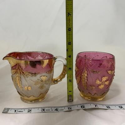 [113] ANTIQUE | Delaware Glass | Cranberry | Raised Flower 