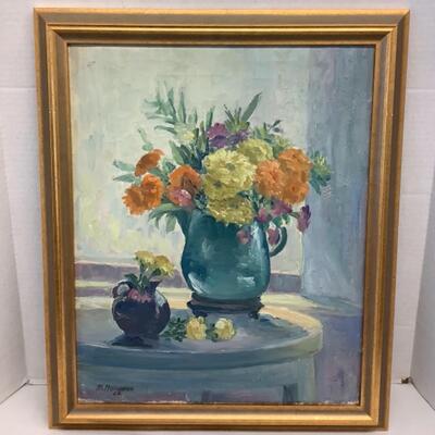 D1186 M. Mondros Signed Framed Floral Oil Painting on Canvas
