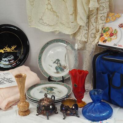 Lot 51 Lace Tablecloths ,Chinese plates, Fenton Vase, Silver Plate