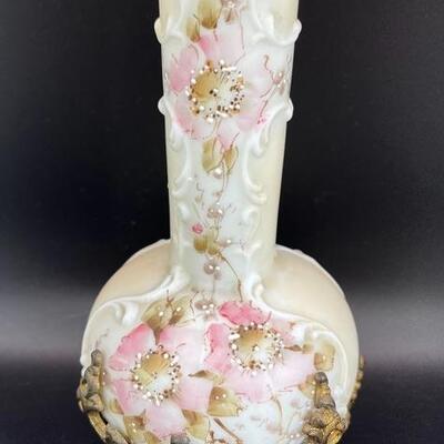 Antique Wave Crest CF Monroe Pink Floral Satin Glass Bud Vase Ormolu 