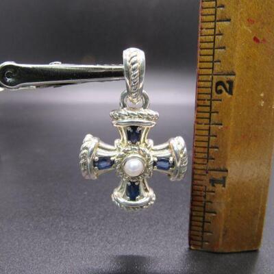 Sterling Silver 925 Judith Ripka Necklace Enhancer Pendant Cross Sapphire Faux Pearl