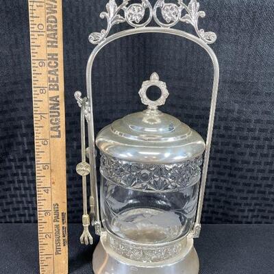 Antique Silverplate Castor Pickle Olive Condiment Jar with Tongs