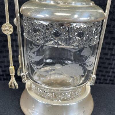 Antique Silverplate Castor Pickle Olive Condiment Jar with Tongs