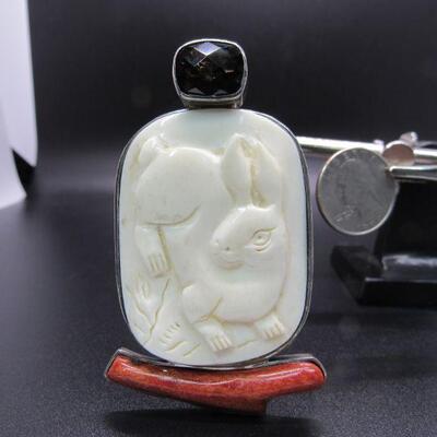 Sterling Silver Amy Kahn Russel AKR Carved Rabbit Enhancer Pendant Brooch Coral Smoke Topaz 