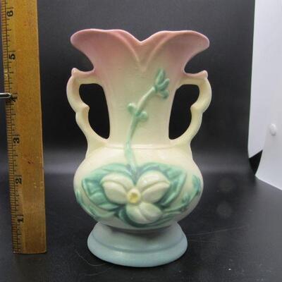 Vintage Hull USA Ceramic Pink White Blue Handled Vase
