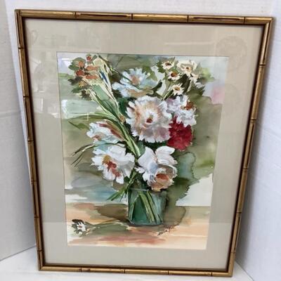 E1197 Artist Signed Framed Floral Watercolor Painting 