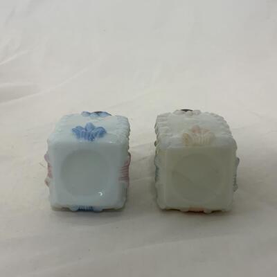 [148] ANTIQUE | Matched Set | Milk Glass Salt & Pepper | Pink | Blue