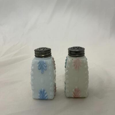 [148] ANTIQUE | Matched Set | Milk Glass Salt & Pepper | Pink | Blue
