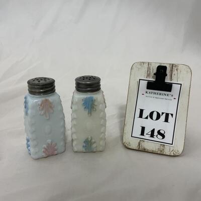 [148] ANTIQUE | Matched Set | Milk Glass Salt & Pepper | Pink | Blue