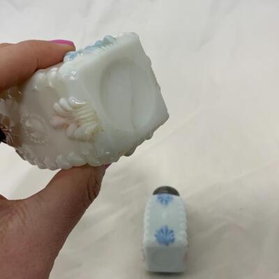 [148] ANTIQUE | Matched Set | Milk Glass Salt & Pepper | Pink | Blue