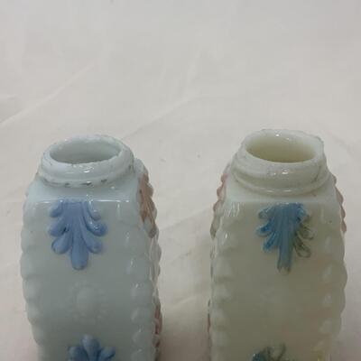 [148] ANTIQUE | Matched Set | Milk Glass Salt & Pepper | Pink | Blue