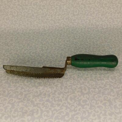 Vintage Mystery Item, Scraper of Some Sort, Green Wooden Handle, Man Cave Tool 