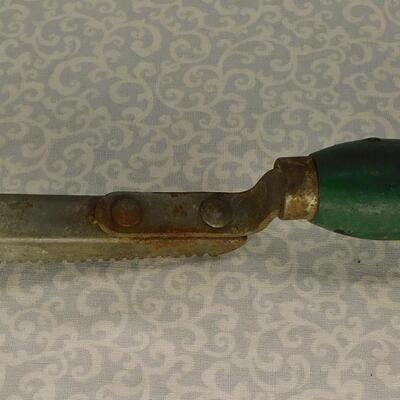 Vintage Mystery Item, Scraper of Some Sort, Green Wooden Handle, Man Cave Tool 
