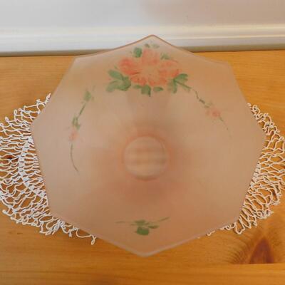 Vintage Frosted Pink Bowl, Depression Glass, Hand Painted, Pink Flowers