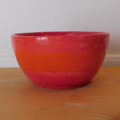 Red Bowl with an Orange Stripe Pottery Bowl, Retro Decor