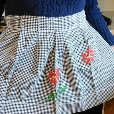 Vintage Black and White Checkered Half Apron with Cross Stitch Adornment
