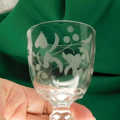 Vintage Cordial Glass, Liqueur, Small Wine Glass, Etched Heart Pattern
