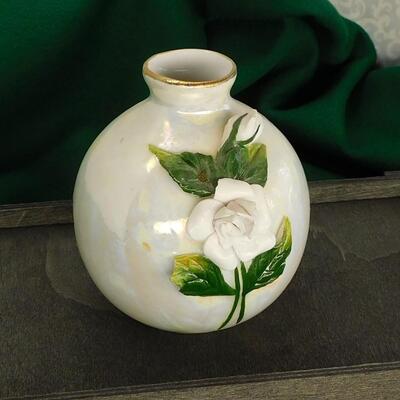 Vintage Pearl Bud Vase, Ceramic White Rose (Damaged), No Markings
