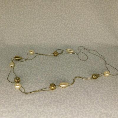 Vintage Double Necklace with Gold Chain Pearl Beads and Gold Rose Beads