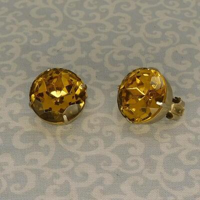 Vintage Clip Ons Earrings, Round, Yellow Color, Costume Jewelry