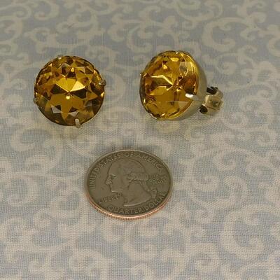 Vintage Clip Ons Earrings, Round, Yellow Color, Costume Jewelry