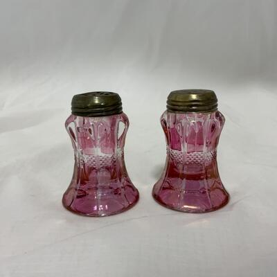 [161] ANTIQUE | Cranberry Stained | Concave Salt & Pepper Shakers