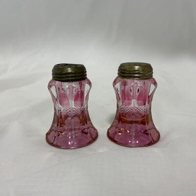 [161] ANTIQUE | Cranberry Stained | Concave Salt & Pepper Shakers
