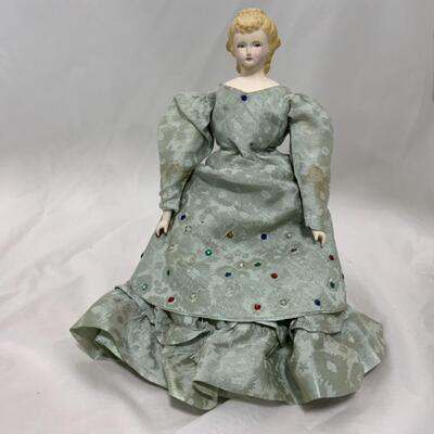 [168] ANTIQUE | Porcelain Doll | Bejeweled Dress 