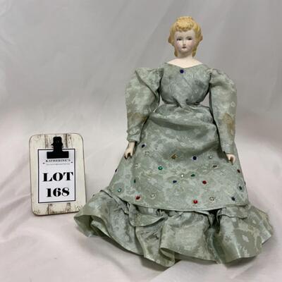[168] ANTIQUE | Porcelain Doll | Bejeweled Dress 