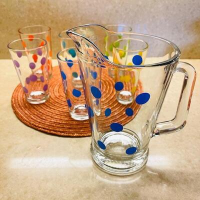 Lot 235 Polka Dot Pitcher & 6 Glasses by Libby